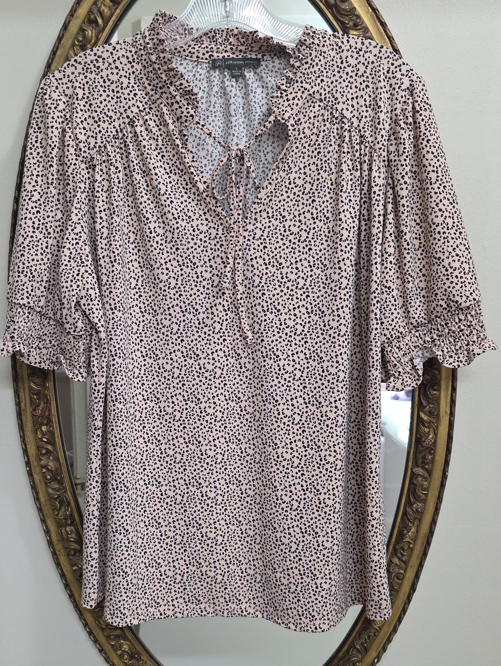 Adrianna Papell Blush Pink Printed Ruffle Tie-Neck Short Sleeve Shirt Size L
